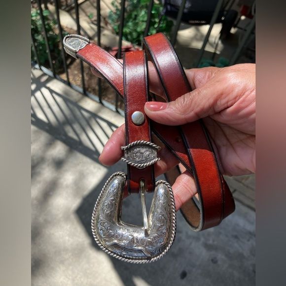 Women’s Western Cowgirl Belt Sterling Silver Overlaid Buckle Set Vintage Brown main image 8